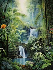 Cascading Waterfall: Jungle Oasis Tropical Landscape - Nature Art Print