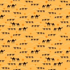 Seamless pattern depicting the dark silhouette of a camel caravan on a yellow background.