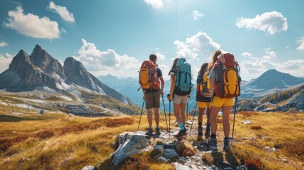A group of friends on a hiking adventure, panoramic mountain views, capturing the spirit of friendship and exploration. Resplendent. - obrazy, fototapety, plakaty
