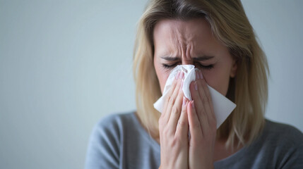 A woman, showing signs of illness, uses a tissue to blow her nose, a common image of someone battling a cold or allergic reaction