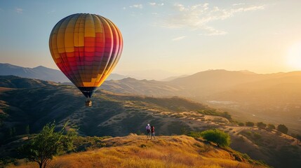 Hot Air Balloon Floating Above Rolling Hills with a Couple Enjoying the Scenic View at Sunset
