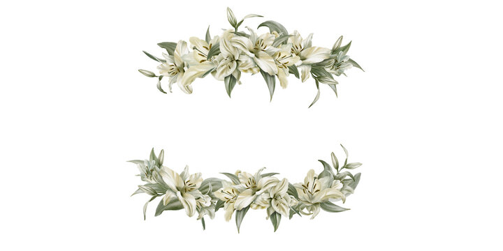 Watercolor floral rectangular torn frame of white lilies isolated on white background. Hand drawn clipart sage leaf colors. Frame for wedding invitations, greeting cards, birthday invitations.