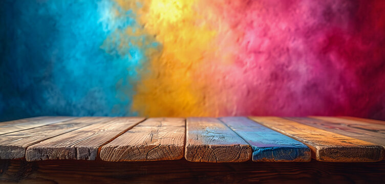 empty wooden table against a colorful defocused wall. advertising,product presentation