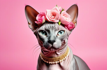 Gorgeous Sphynx cat in a wreath of pink flowers on a pink background, cat care concept, cat day, wallpaper.