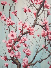 Cherry Blossom Petals in Wind: Botanical Wall Art Vintage Painting