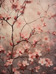 Cherry Blossom Petals at Dawn: Vintage Botanical Wall Art Landscape