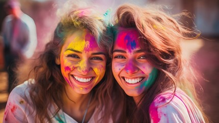 Obraz premium Girls at holi festival having fun with colorful powder