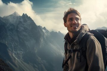 Smiling man with backpack stands on the top of mountain with beautiful rocky area at background, watching up. Closeup portrait

