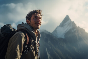 Smiling man with backpack stands on the top of mountain with beautiful rocky area at background. Closeup portrait of guy travelling by foot. - obrazy, fototapety, plakaty