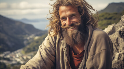 Closeup photography of homeless smiling man on the top of mountain with rocky area at background. Traveler takes a rest after climbing a mountain. - obrazy, fototapety, plakaty