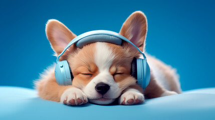 Sleeping fluffy brown corgi listens to music on headphones while sleeping