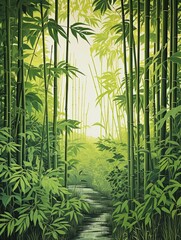 Vintage Serene Bamboo Forests: A Greenery Scene in Contemporary Landscape Art