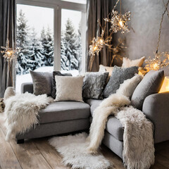 Hygge Haven: Cultivating a Warm and Inviting Winter Atmosphere with a Grey Corner Sofa, Layers of Pillows, and Snuggly Fur Blankets