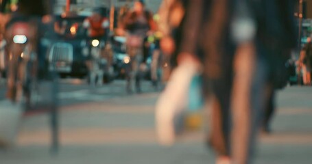 Street, city and people are walking for travel with traffic, morning commute blur and pedestrian on sidewalk. Transportation, crowd and cycling with public on busy urban road for journey in London