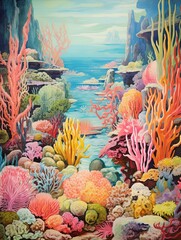 Fototapeta na wymiar Coral Reef Explorations: Vintage Seascape Art Print of a Vibrant Scene
