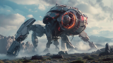 A dynamic landscape serving as a backdrop, with a robot enforcer designed with intricate cyber security elements engaging in defense mechanisms