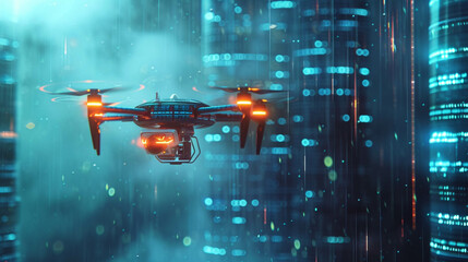 A futuristic backdrop depicting a high-tech drone implementing cybersecurity measures, providing a unique insight into advanced technology