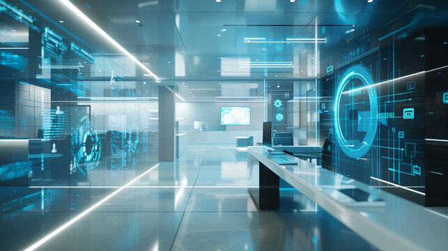 A converging perspective featuring an ultra-modern bank comprising of cutting-edge cyber security and unique 3D animations as an engaging focal point for a backdrop background