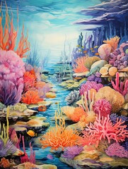 Vibrant Ocean Explorations: Vintage Coral Reef Wall Art - Bewitching Beach Artistic Masterpiece