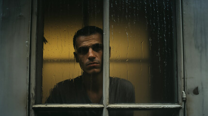 A Spanish Man Looks Out the Window at the Rain with a Wet Face With Resolve and Contemplative