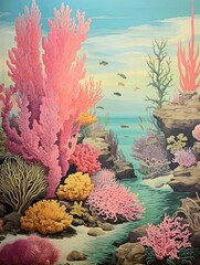 Vintage Coral Reef: Vibrant Explorations in Ocean Wall Art and Beach Scene