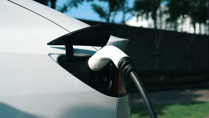 EV electric car charging in green sustainable city outdoor garden in summer. Urban sustainability...