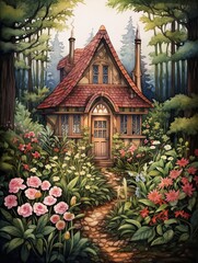 Fototapeta na wymiar Vintage Cozy Woodland Retreat - Cabin Print | Landscape Art