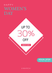 Poster or banner with Women's day. 8 March. Special offer 30% discount. Background for sale. Happy Women's day header or voucher template.