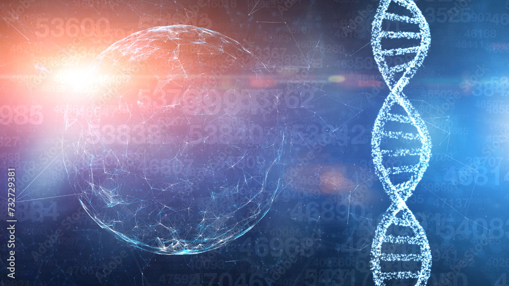 Sticker shiny digital cyber space sphere with dna chain and random digits illustration background.