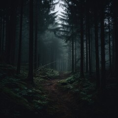 Fototapeta premium Dark forest in autumn fog