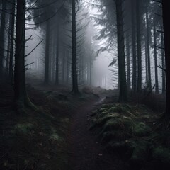 Dark forest in autumn fog