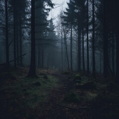 Fototapeta premium Dark forest in autumn fog