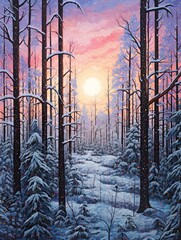 Nature Artwork: Dawn Painting of Frosted Pine Forests in Winter View