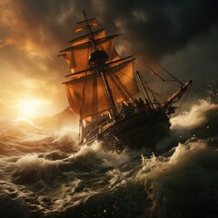 Obraz premium Sailing old ship in a storm sea in the background stormy clouds with lightning