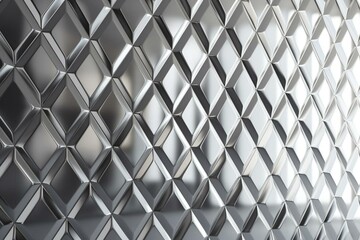 Polished, geometric wall design with glossy diamond-shaped tiles in silver blocks. Rendered in 3D. Generative AI