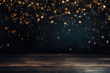 Frame of lights bokeh golden flares and sparkler isolated on rustic dark blue wooden texture -...