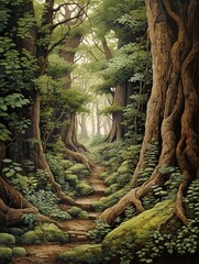 Ethereal Elysium: Earth Tones Art Immersed in Ancient Sacred Groves, a Fabled Forest Landscape and Majestic Nature Scene
