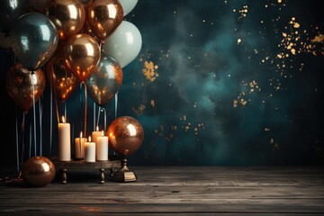 Frame of lights bokeh golden flares and sparkler isolated on rustic dark blue wooden texture -...