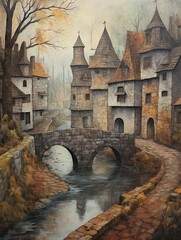 Earth Tones Art: Riverside Scene with Old World Cobblestone Bridges and Vintage Painting
