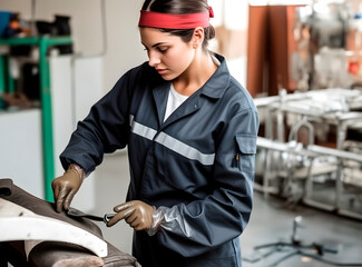 A focused female mechanic expertly adjusts the components under the bonnet of a car in a well-equipped workshop.
