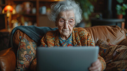 An elderly woman using a digital tablet while sitting on her sofa