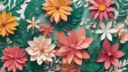 Selbstklebende Fototapeten summer border with paper cut fantasy flowers, leaves, isolated © Zulfi_Art