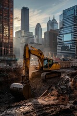 Excavator digging at a construction site in the early morning light with a cityscape background.