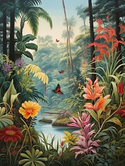 Fototapeta na wymiar Vintage Art: Enchanted Garden - Butterfly Groves Landscape in Nature Scene