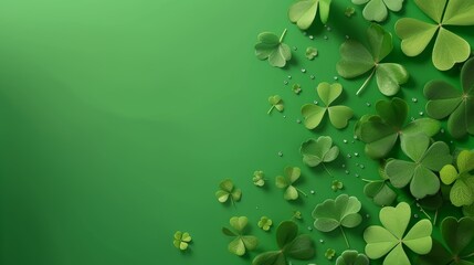 Artistic representation of clover leaves and golden stars on a gradient green background, suggesting festivity.