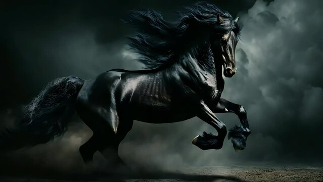 a thoroughbred black horse, smoke and dust rising in the background. Freeze frame. Generative AI