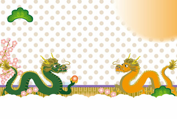 龍の和風モダンなイラストに梅の花と松の葉の飾り付き