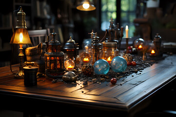 Fototapeta na wymiar Mystic Ambience with Antique Lanterns and Orbs. An atmospheric composition of antique lanterns and glowing orbs on a wooden table, perfect for themes of mysticism, nostalgia, and vintage decor.