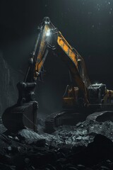 Illuminated excavator operating in the dark, with snowflakes gently falling around.