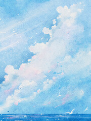 Sky Blue,Cloud Background,Watercolour Horizon Spring Clear Sky in Morning by the beach,Illustration beautiful landscape nature sunrise in Summer,Backdrop panoramic banner white clouds over ocean blue